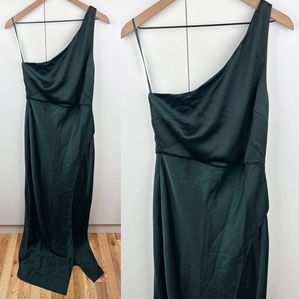 BHLDN Dylan One Shoulder Satin Side Slit Gown Dress Dark Emerald Green NEW 10 - Picture 2 of 9